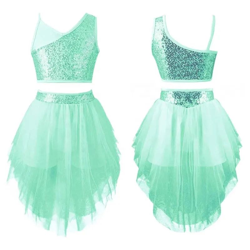 New Arrivals 2pcs Performance Clothes Set Sleeveless Sequins Top with Tulle Skirt Dance Outfits Girls