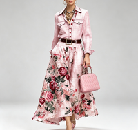 Ensemble deux pièces pour femmes, chemise à manches longues à carreaux, jupe longue à imprimé floral rose, tenue décontractée élégante pour femmes, vêtements de mode pour femmes