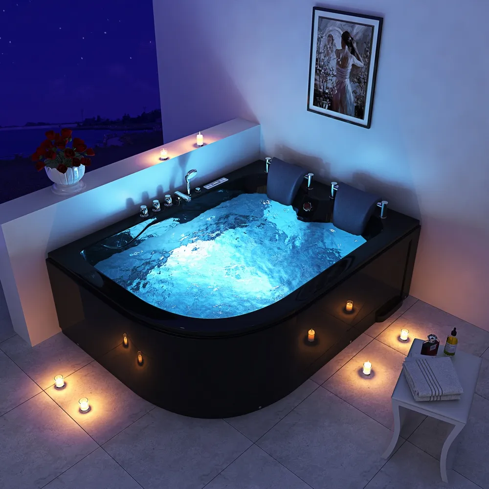 Black Bathtubs Whirlpools Two Person Acrylic Corner Indoor Bathroom SPA Hot Tub with Faucet and Pillows Massage Modern Relax