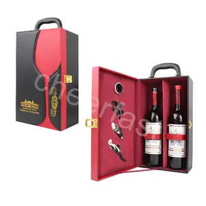 الصانع المزدوج زجاجة نبيذ بو الجلود صندوق سفر و 4 قطعة شريط زينة صندوق نبيذ أحمر جلدي