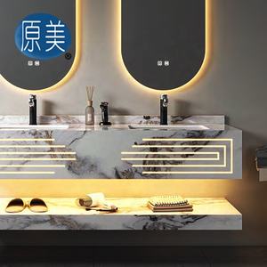 Lavabo de salle de bain mural éclairage LED marbre sur mesure motif sculpté Double couche sans couture double évier armoire pour hôtel - Product Image 3