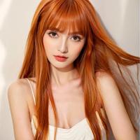 Perruques longues et lisses orange pour femmes, style Meilasi Wholesale Factory Stock Girl Group, avec franges légères, naturelles, volumineuses et souples.