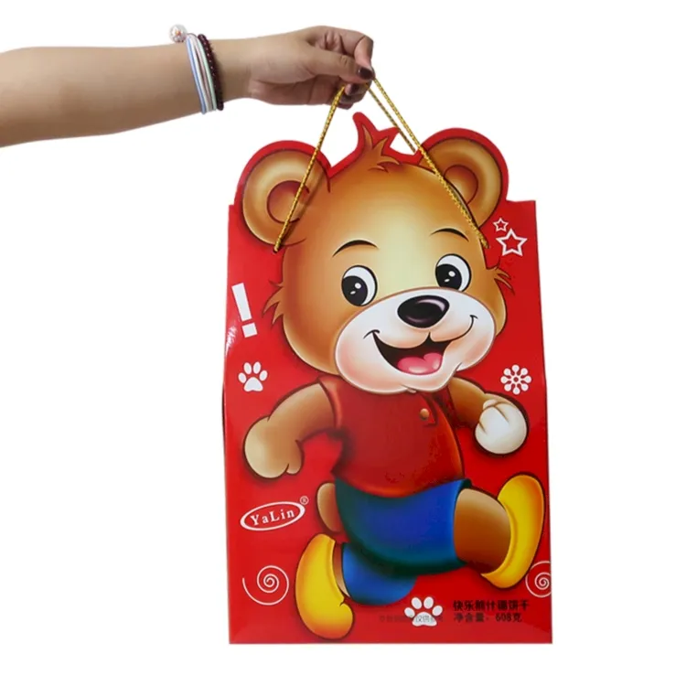 Servicio de personalización de fábrica, soporte para varios tipos de cajas, con forma de oso bonito, bolsa de papel de color rojo, gran oferta
