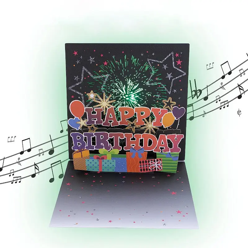 Cartão de Feliz Aniversário com luz pop-up de artifício 3D Flor de Feliz Aniversário com áudio musical personalizado