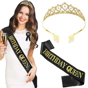 Suministros de fiesta de cumpleaños de lujo, corona de cristal dorado y plateado brillante, cinturón de hombro para chica de oro rosa, accesorios de Reina