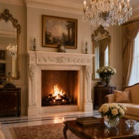 Cheminée en marbre personnalisée, moderne, sculptée à la main, de luxe, en marbre Galala Beige / Galala, avec manteau de cheminée en marbre et cadre de cheminée en marbre
