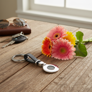 Porte-clés en argent 925 Gerbera, porte-clés en cuir, design rond, anneau en métal, sangle noire - Product Image 3