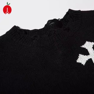 Suéter Personalizado Antiarrugas para <span class=keywords><strong>Hombre</strong></span>, Tejido de Punto con Patrón <span class=keywords><strong>Cruzado</strong></span>, Estilo Desgastado, Hombros Caídos, Jacquard Urbano, Cárdigan Rasgado - Product Image 2