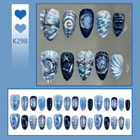 Faux Ongles à Presser Galaxy Bleus, Motif Lune et Étoiles 3D, Forme Amande Stiletto, Décor Chrome Argenté, Longs Faux Ongles pour Femme