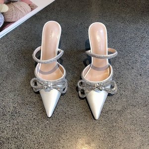 Wholesale Summer Black Sexy Pointed Pumps New Fashion Transparent Rhinestone Bow Thin Heel Shoes - Product Image 2