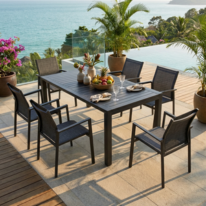 Modern Aluminum Frame Outdoor Dining <strong>Set</strong> 7 <strong>Pieces</strong> Rectangular Slat Table and <strong>6</strong> Chairs <strong>Garden</strong> <strong>Furniture</strong> <strong>Set</strong> for Patio Villa - Product Image 3