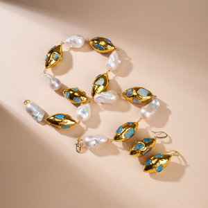 Trendy kadın moda takı <span class=keywords><strong>Set</strong></span> 18K altın kaplama bakır doğal tatlı su incisi & Larimar taş hediye için - Product Image 6