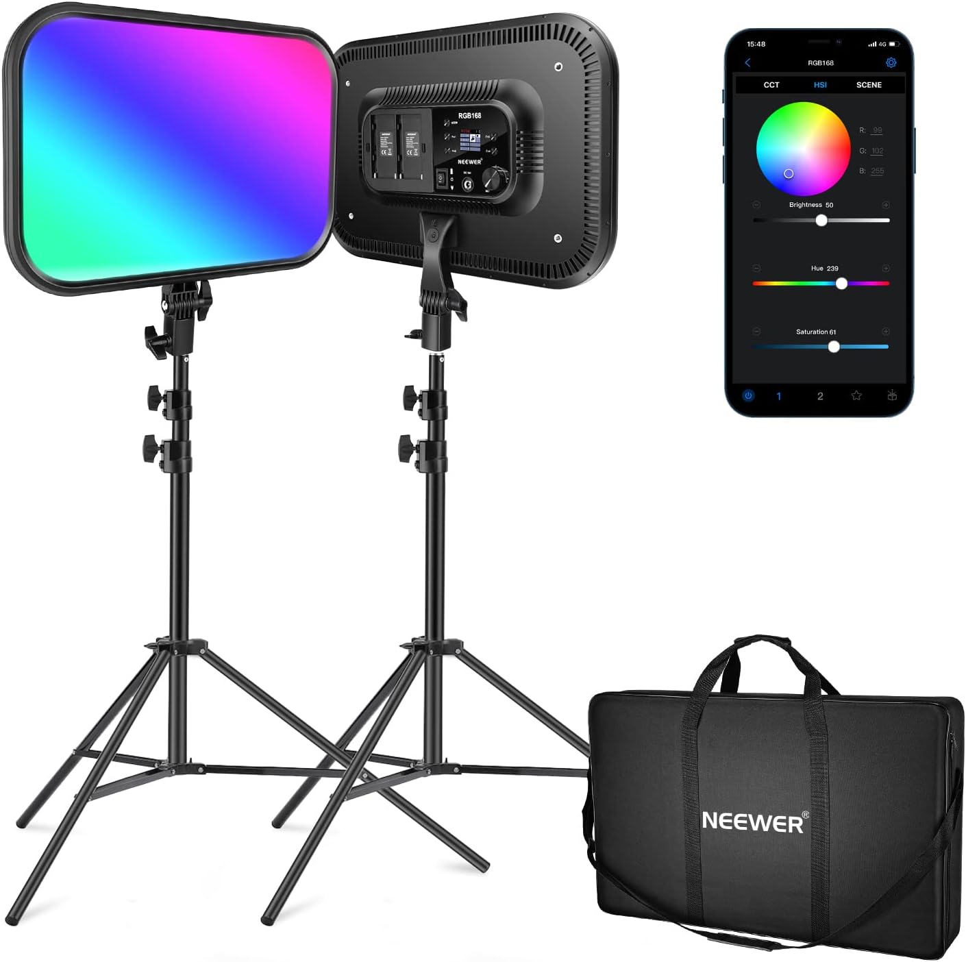 NEEWER 2 Pack RGB168 RGB LED Vídeo Luz com App Control Stand Kit 60W Dimmable 2500K ~ 8500K LED Painel de Luz