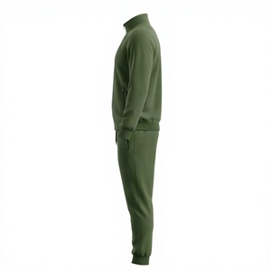 Ensemble de survêtement 2 pièces pour homme, vert olive, col montant, manches longues, fermeture éclair, coton, vêtements de sport décontractés avec poches latérales - Product Image 2