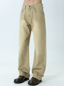 Pantalones Casuales Lavados A25ABJN5061 para Hombre, Estilo Americano Otoño Invierno, Retro, Carreras de Caballos, <span class=keywords><strong>Color</strong></span> <span class=keywords><strong>Caqui</strong></span>, Corte Recto Holgado, Frente Plano, Cintura Alta - Product Image 1