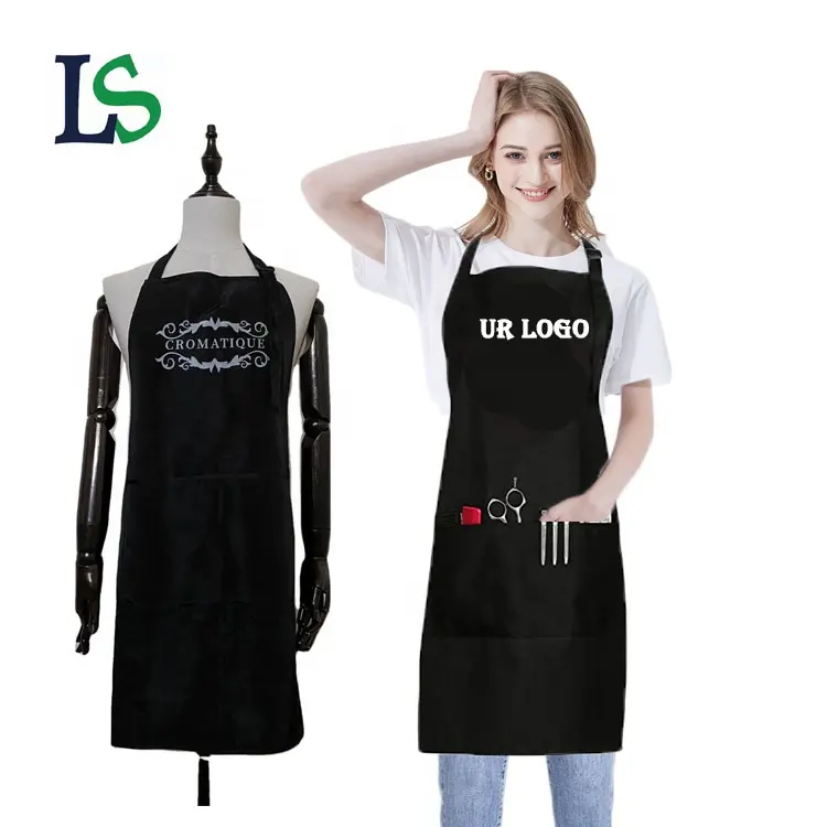 Großhandel Design Druck Logo benutzer definierte Salon Friseur wasserdichte Frisur Lätzchen mit 2 Taschen Frau Schürze für Friseur