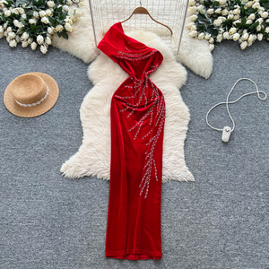 <span class=keywords><strong>Abito</strong></span> estivo elegante monospalla tunica <span class=keywords><strong>abito</strong></span> <span class=keywords><strong>Midi</strong></span> Casual da donna stile impero Patchwork di <span class=keywords><strong>velluto</strong></span> arruffato Vestidos - Product Image 1