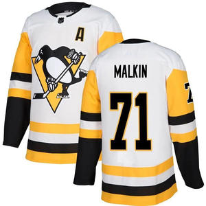 Camiseta de hockey de los Pittsburgh Penguins 71 Malkin, uniforme de hockey sobre hielo transpirable para adultos, color blanco, amarillo y negro - Product Image 1