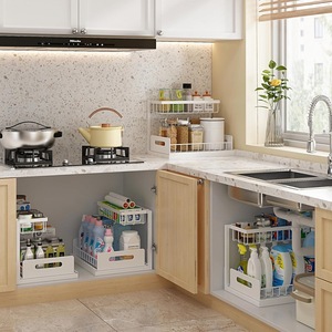 <b>Kitchen</b> Cabinet Storage <b>Rack</b> Multi Functional Pull Out Spice Organizer For Countertop Use White Carbon Steel - Product Image 2