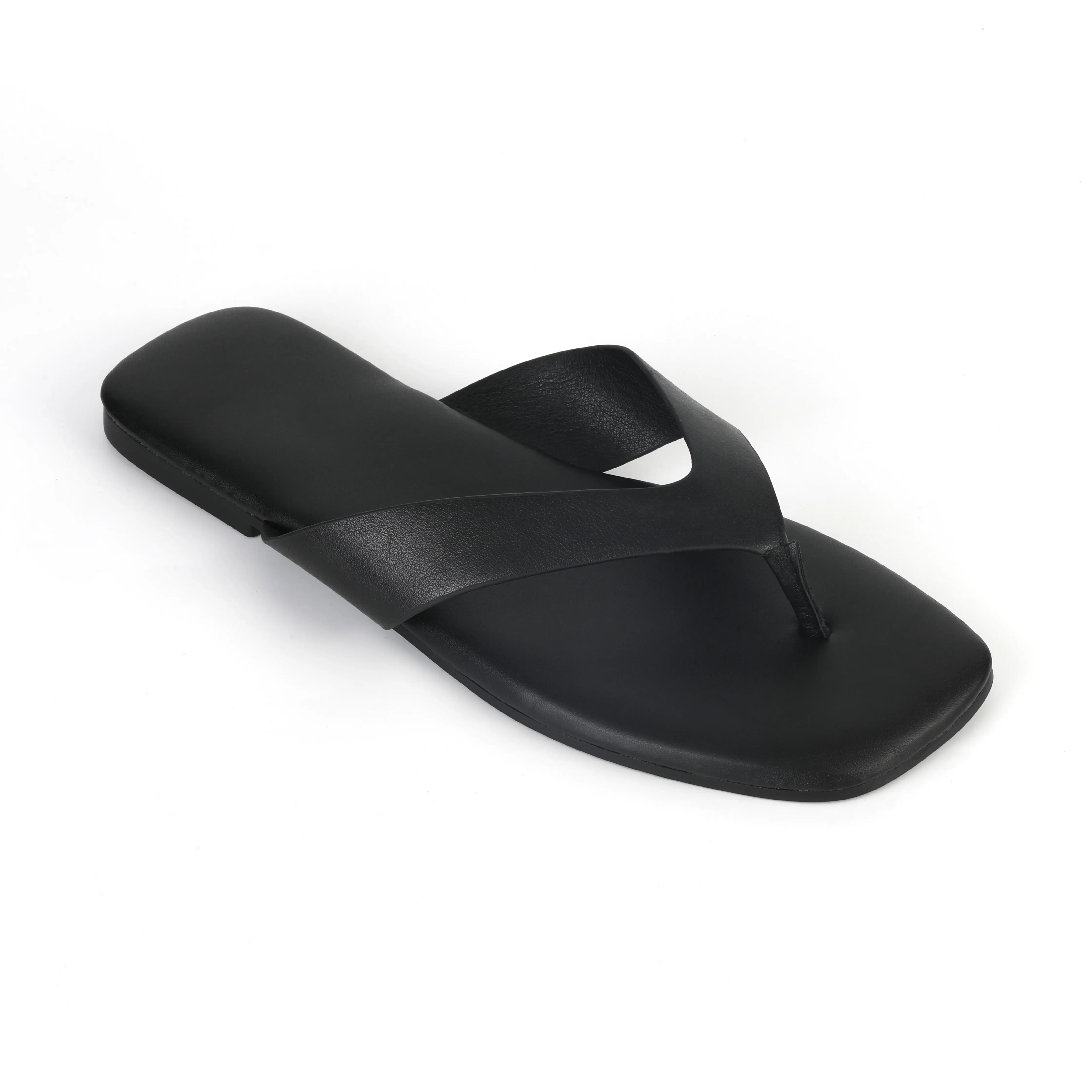 Sandalias negras de verano 2024, zapatillas planas de cuero negro, chanclas cuadradas con punta abierta, zapatillas cómodas para exteriores, goma de PU portátil