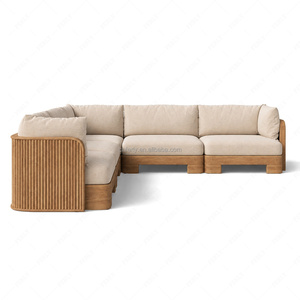 Ensemble de canapés modulaires d'extérieur FERLY avec structure en bois cannelé, dossier arqué, <span class=keywords><strong>table</strong></span> basse blanc crème, taille et finition personnalisables - Product Image 2