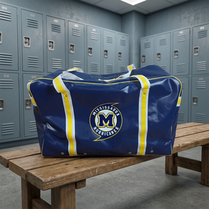 Bolsa Deportiva de PVC Azul Marino con Correas Amarillas y Blancas, Bolsa Grande para Transportar Equipo Deportivo - Product Image 1
