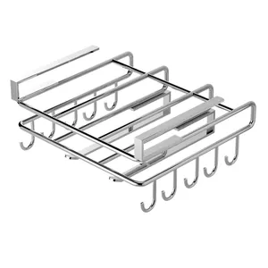 Cesta suspensa de aço inoxidável para cortar, prateleira organizadora para copos e utensílios, prateleira para baixo do armário com gancho