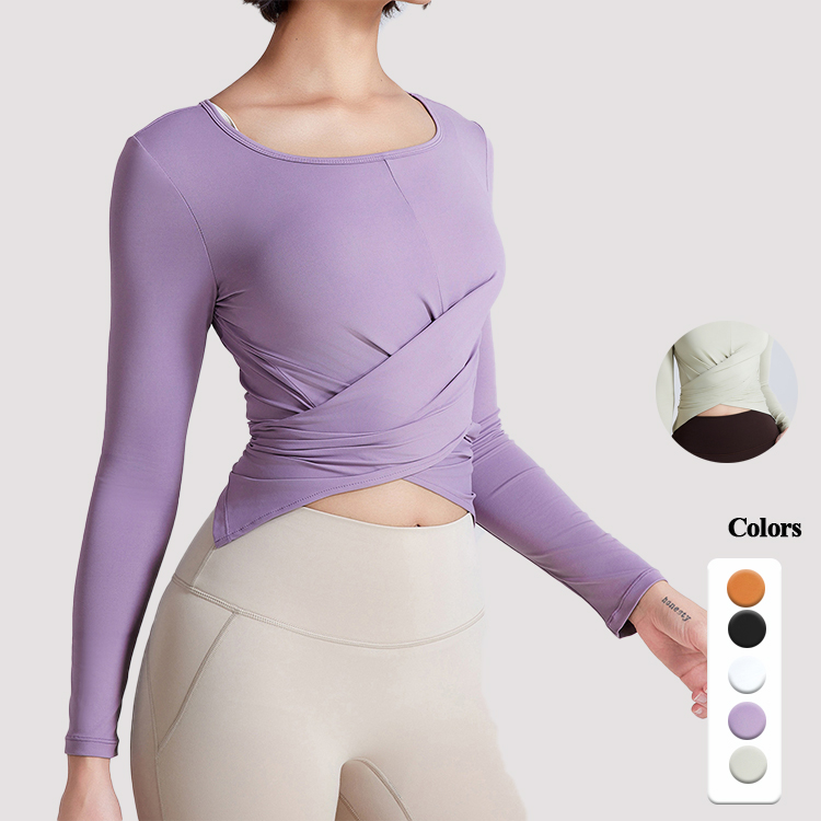 Women's New Slim Yoga Sports Top Long Sleeve Casual Running T-Shirt Solid Quick-Dry Fitness Clothing Cross Button Breathable