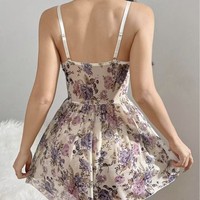 Robe Babydoll Florale en Maille B1034 pour Femme, Coupe Empire, Mini Robe Cami Ligne A, Bretelles Réglables, Nœud Blanc, Bonnets Doublés