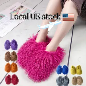 Wholesale custom luxury fashion fluffy women big real furry mongolian fur slides slippers shoes boots and purse set green