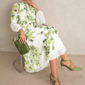 Robe décontractée Pia en satin à imprimé floral, longueur genou, style vintage avec nœud, tissée, impression numérique, pour le printemps, l'automne, l'hiver et l'été - Product Image 2