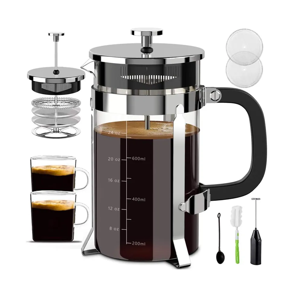 Export USA 34oz Silver Plating French Press Heat-resistant Glass Coffee Pot with Full Accessories