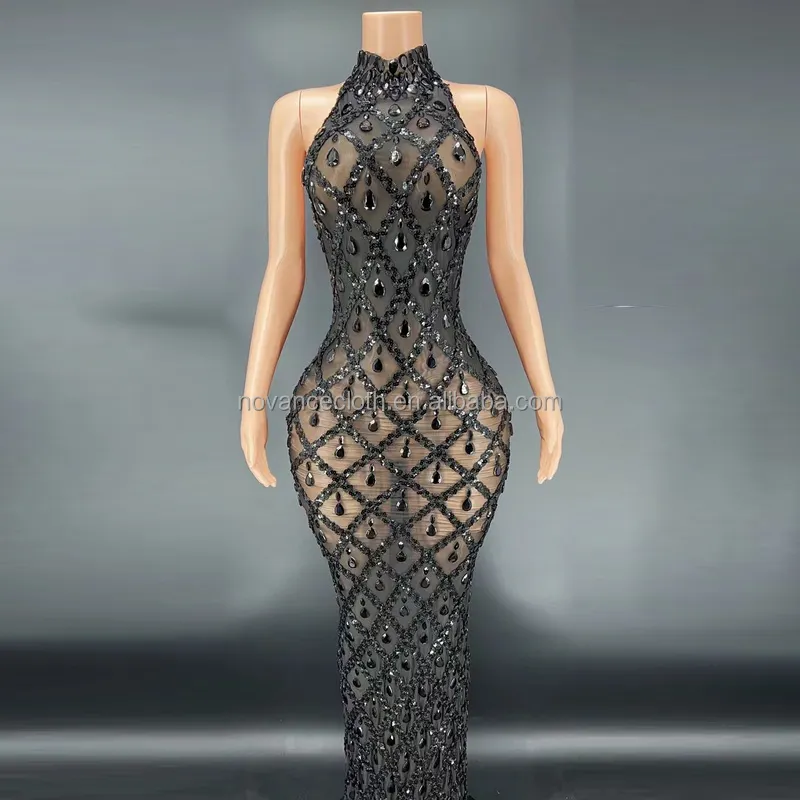 Novance Y2360-B gaun desain Fashion panas untuk wanita kostum penampilan seksi dansa wanita jala pakaian telanjang hitam Traje De Noch