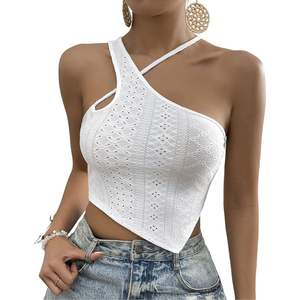 บอดี้สูทเปิดไหล่ข้างเดียวสีขาวทรงสลิมฟิตเสื้อครอปแขนกุดคอไม่สมมาตรเซ็กซี่สำหรับผู้หญิง - Product Image 5