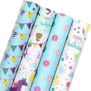 Joyeux Anniversaire – Lot de Rouleaux de Papier Cadeau Écologique Imperméable – Licorne, Fleurs, Bannières Artistiques – Emballage Cadeau 100GSM Double Face PE - Product Image 1