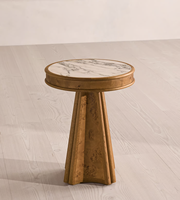 Table basse circulaire moderne avec plateau en marbre poli et structure en bois massif pour l'ameublement de la maison