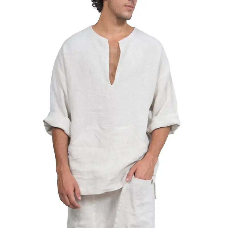 Pantaloni di Lino uomini Largo Allentato Camicia A Maniche Lunghe Tasca Della Camicia Etnico Indiano