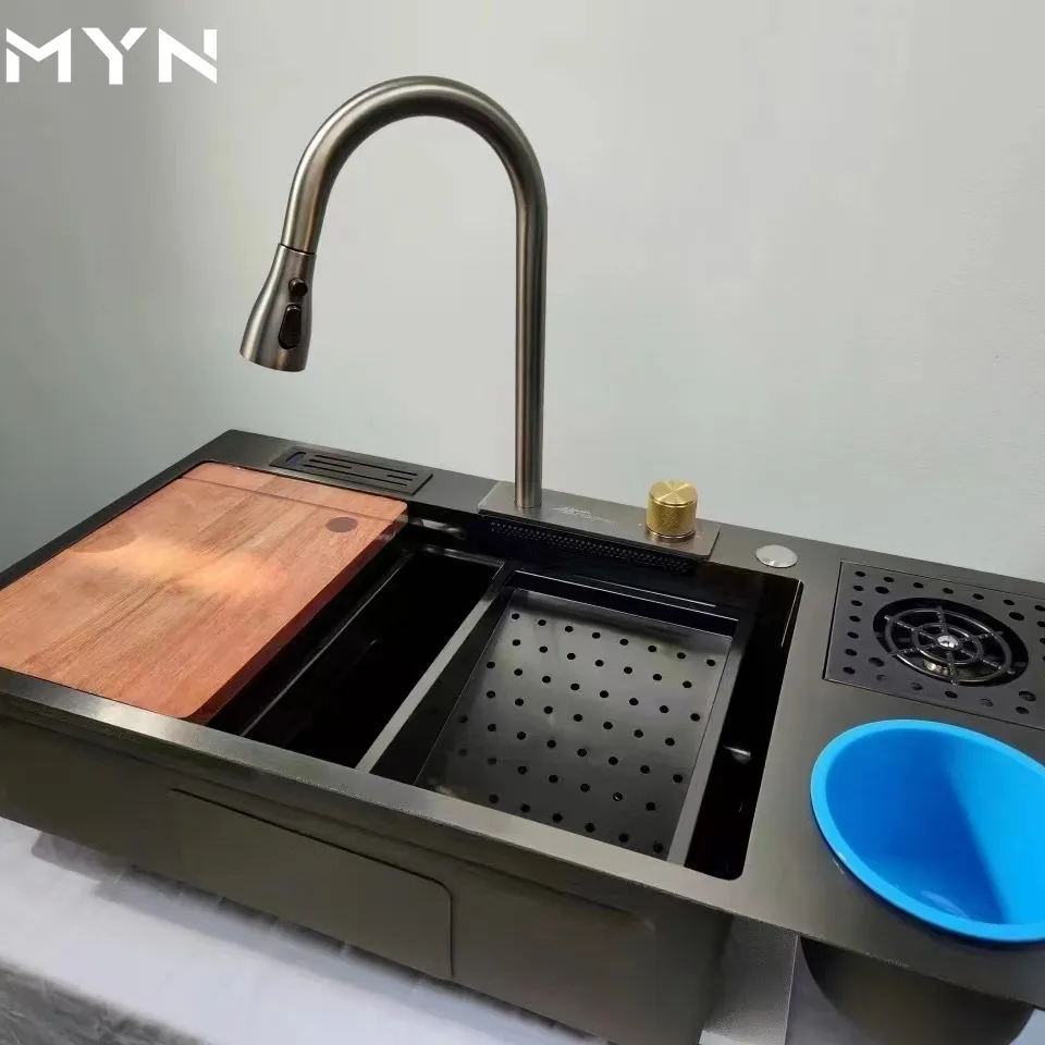 MYN 2023 robinet cascade personnalisé en acier inoxydable 304 fait à la main, éviers de cuisine avec poubelle