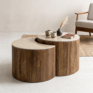 Ensemble de tables basses gigognes Japandi modernes à base cannelée avec plateau aspect travertin, élégantes et minimalistes en MDF pour salon - Product Image 1