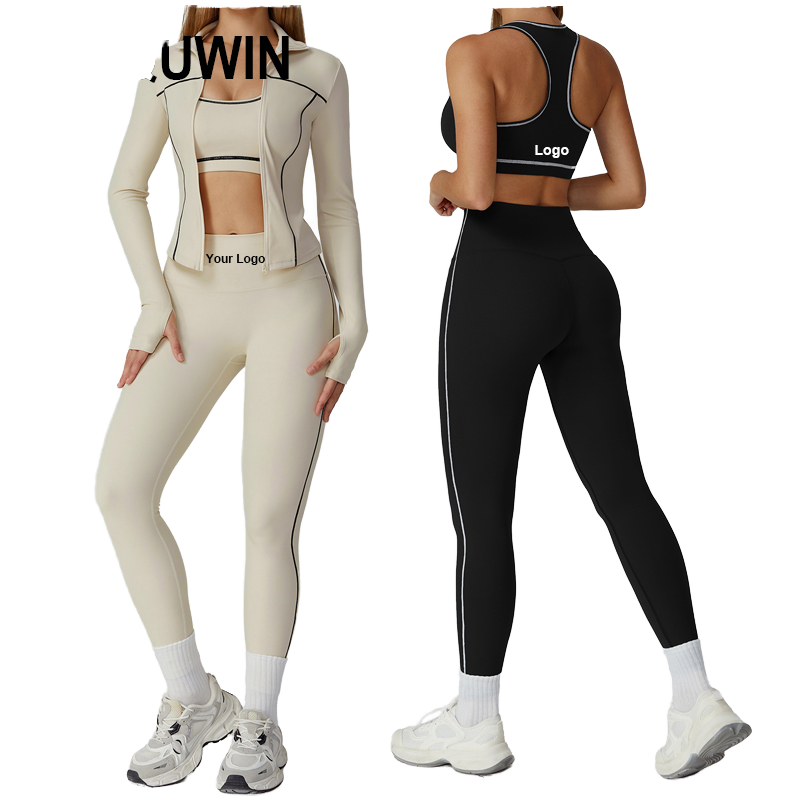 Zippered Slim-Fit 3-Piece Yoga Activewear Set Solid Brushed Outfit Casual Running Plus Size Recyclable Breathable Anti-Wrinkle