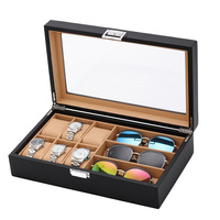 Boîte de rangement et de présentation haut de gamme en fibre de carbone noire pour 6 montres et 3 paires de lunettes, avec intérieur en cuir PU