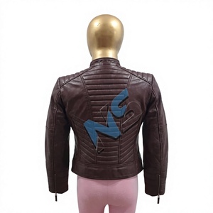 Women's Maroon Sheep Skin Genuine Knitted Biker Racer <b>Jacket</b> Slim Fit Lightweight Quilted Waist Padded Shoulders Cotton Lining - Product Image 3