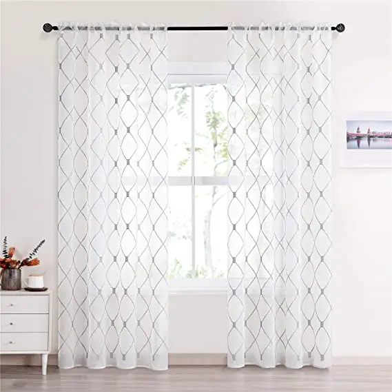 Home textile fabric navy embroidered Diamond Gold Foil window Screen Tile Plaid Gold And white tulle Curtains