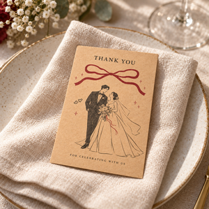 Biglietti di ringraziamento personalizzati in carta kraft per matrimonio, disegno a righe sposa e sposo con motivo fiocco rosso, biglietti di ringraziamento per souvenir di matrimonio - Product Image 2