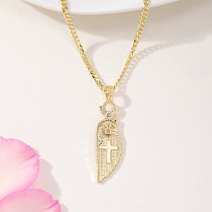 Collier tendance avec pendentif en forme <span class=keywords><strong>de</strong></span> <span class=keywords><strong>plume</strong></span>, zircon, plaqué or 14 carats, laiton, croix, colliers religieux - Product Image 3