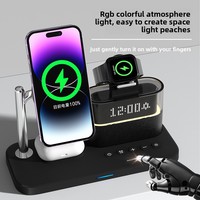 5-in-1 Magnetische Draadloze Stand Dock Oplader met Houder voor iPhone 15/14/13, LED Nachtlampje, Wekker, 15W Snelladen