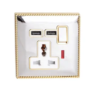 Suitable for living room bedroom wall switch Golden border Switched 3 pin universal socket with 2 USB port