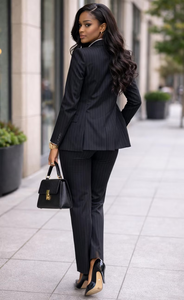 Black Pinstripe Women Suit <b>Set</b> Tailored Blazer and Pants Elegant Business <b>Office</b> Pantsuit Sophisticated Formal Workwear - Product Image 4