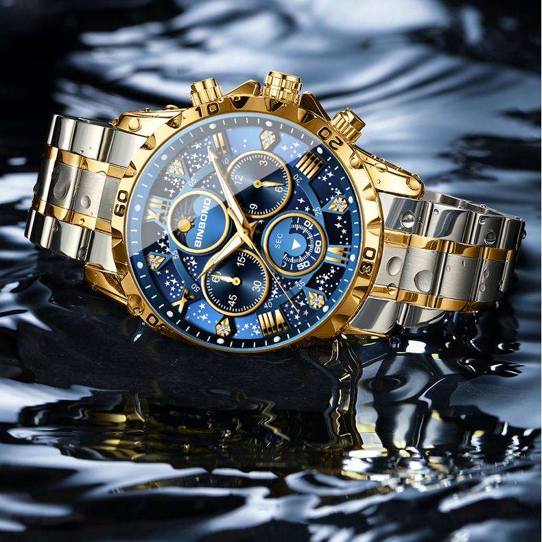 BINBOND B7741 7741 Top Sports Watch Men Waterproof Luminous Chronograph  Wristwatch Stainless Steel Men's Quartz Watches Reloj