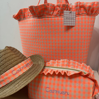 Bolsa de Mano de Tela de Algodón, Suave, Duradera, Abierta, de Gran Capacidad, para Primavera/Verano, con Diseño a Cuadros, Personalizada con Bordado Cursivo